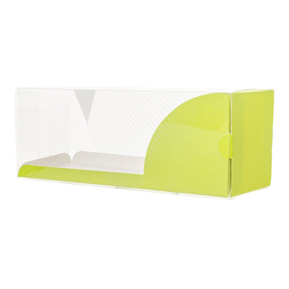 Sweet Vision Rectangle Clear Plastic Eclair Box - Green Paper Sleeve, Geometric Line Accent - 7" x 2 1/2" x 2 1/2" - 100 count box