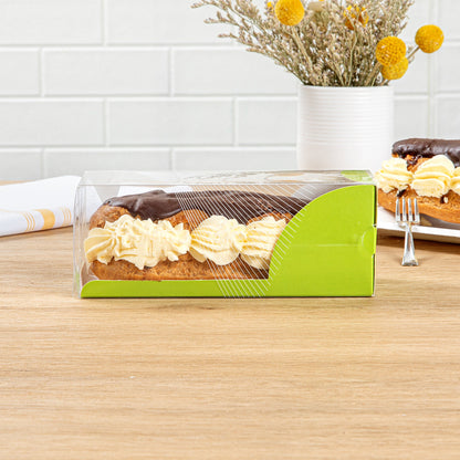 Sweet Vision Rectangle Clear Plastic Eclair Box - Green Paper Sleeve, Geometric Line Accent - 7" x 2 1/2" x 2 1/2" - 100 count box