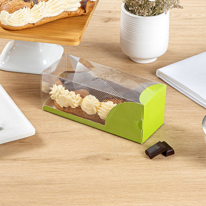 Sweet Vision Rectangle Clear Plastic Eclair Box - Green Paper Sleeve, Geometric Line Accent - 7" x 2 1/2" x 2 1/2" - 100 count box