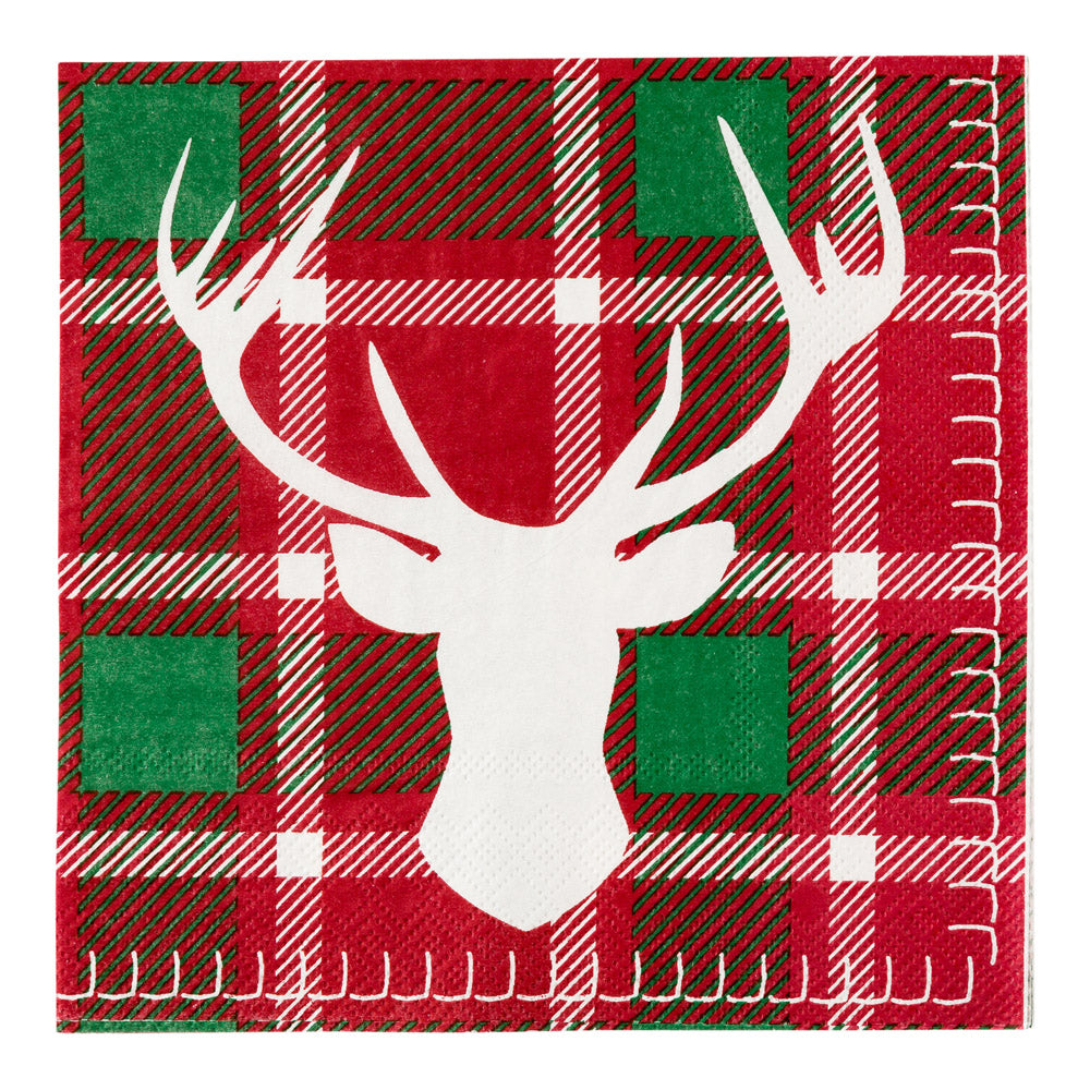 Luxenap Red / Green Plaid Paper Luncheon Napkin - Reindeer - 13" x 13" - 20 count box