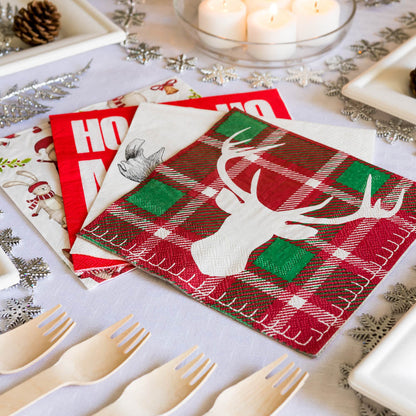 Luxenap Red / Green Plaid Paper Luncheon Napkin - Reindeer - 13" x 13" - 20 count box