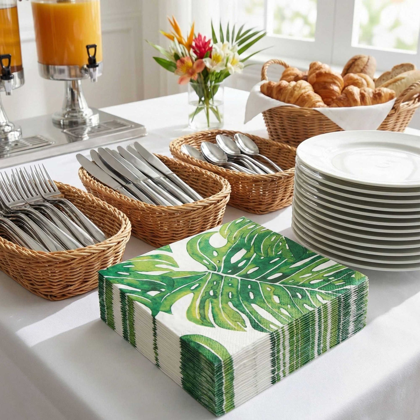 Luxenap White Paper Luncheon Napkin - Tropical Leaves - 13" x 13" - 500 count box