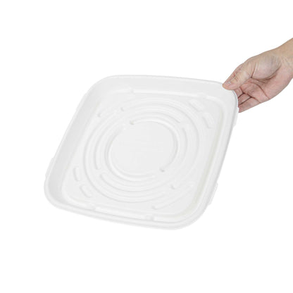 Pulp Safe No PFAS Added Square White Sugarcane / Bagasse Tray - Home Compostable - 12" x 12" - 100 count box