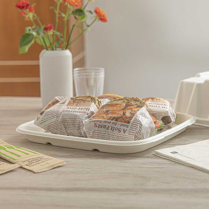 Pulp Safe No PFAS Added Square White Sugarcane / Bagasse Tray - Home Compostable - 12" x 12" - 100 count box