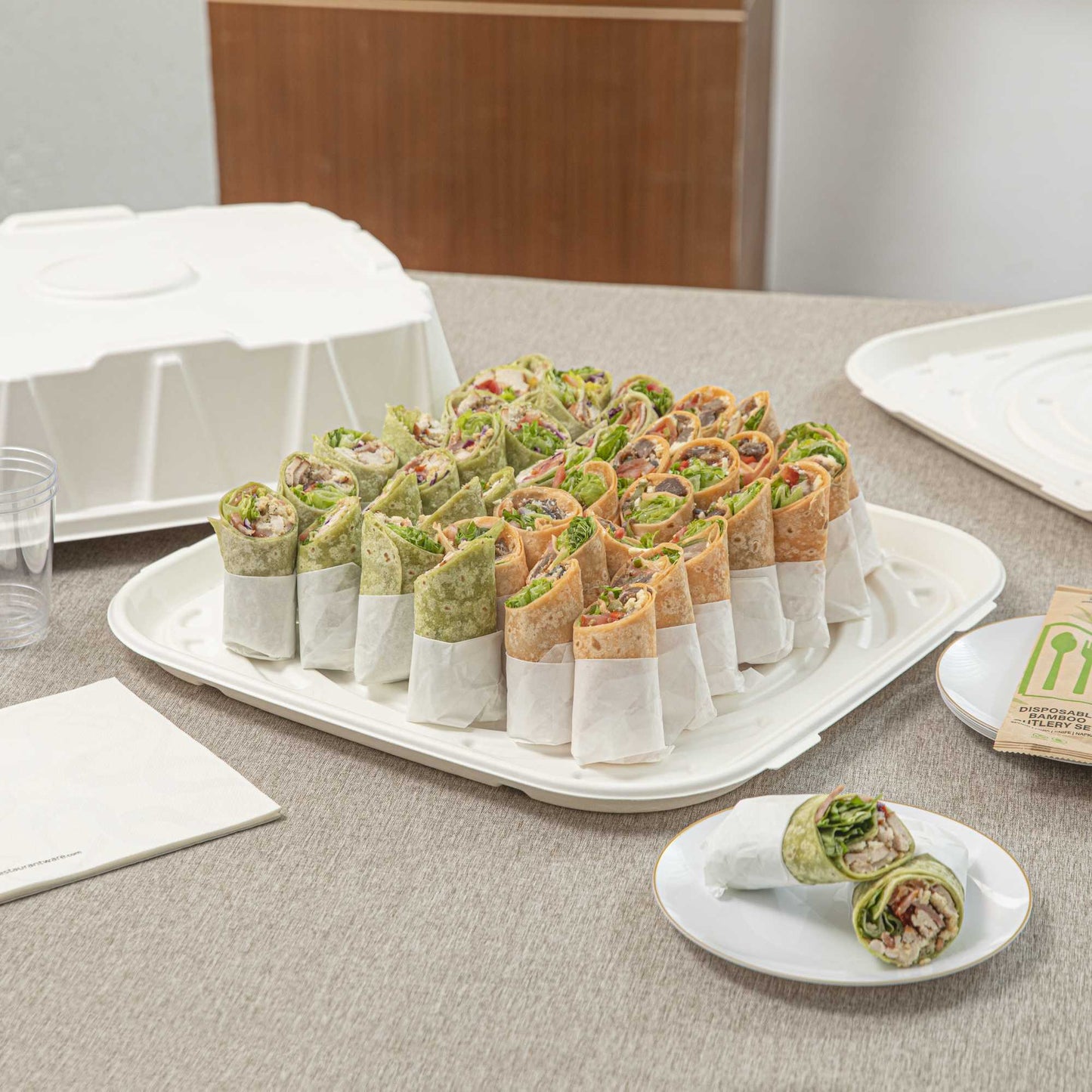 Pulp Safe No PFAS Added Square White Sugarcane / Bagasse Tray - Home Compostable - 18" x 18" - 100 count box