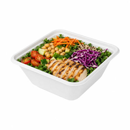 Pulp Safe No PFAS Added 80 oz Square White Sugarcane / Bagasse Serving Bowl - Home Compostable - 8 1/2" x 8 1/2" x 3 1/2" - 100 count box