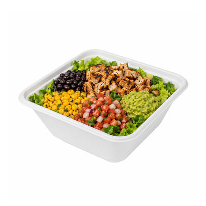 Pulp Safe No PFAS Added 80 oz Square White Sugarcane / Bagasse Serving Bowl - Home Compostable - 8 1/2" x 8 1/2" x 3 1/2" - 100 count box