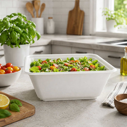 Pulp Safe No PFAS Added 160 oz Square White Sugarcane / Bagasse Serving Bowl - Home Compostable - 10 3/4" x 10 3/4" x 4" - 100 count box