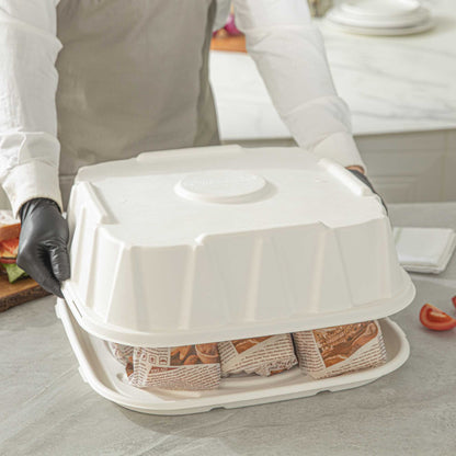 Pulp Safe No PFAS Added Square White Sugarcane / Bagasse Tray Lid - Home Compostable, Fits 16" - 100 count box