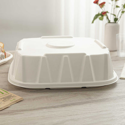 Pulp Safe No PFAS Added Square White Sugarcane / Bagasse Tray Lid - Home Compostable, Fits 16" - 100 count box