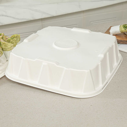 Pulp Safe No PFAS Added Square White Sugarcane / Bagasse Tray Lid - Home Compostable, Fits 18" - 100 count box