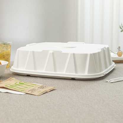 Pulp Safe No PFAS Added Square White Sugarcane / Bagasse Tray Lid - Home Compostable, Fits 18" - 100 count box