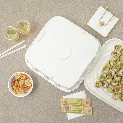 Pulp Safe No PFAS Added Square White Sugarcane / Bagasse Tray Lid - Home Compostable, Fits 18" - 100 count box