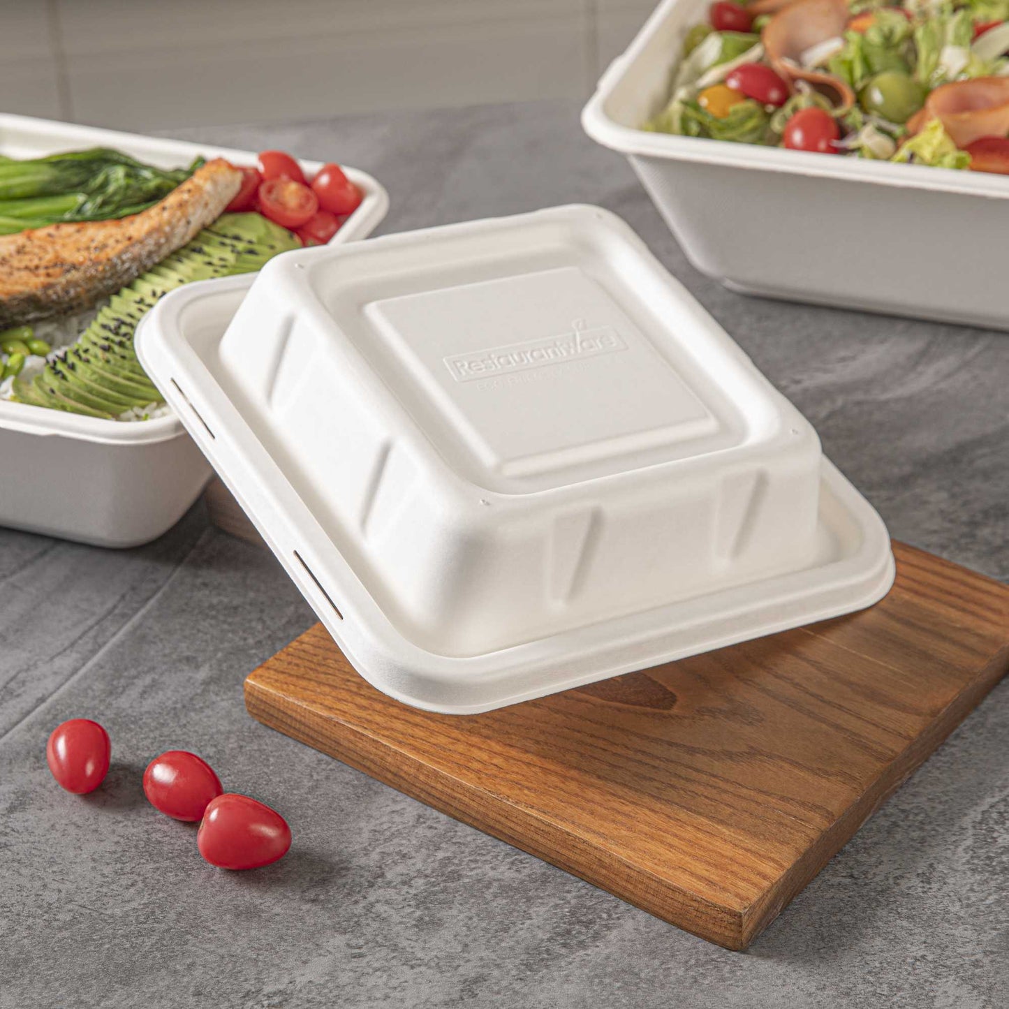 Pulp Safe No PFAS Added Square White Sugarcane / Bagasse Serving Bowl Lid - Home Compostable, Fits 80 oz - 100 count box