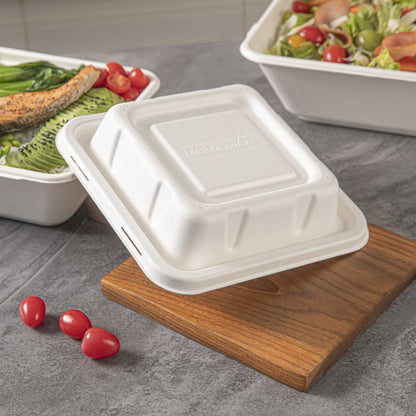 Pulp Safe No PFAS Added Square White Sugarcane / Bagasse Serving Bowl Lid - Home Compostable, Fits 80 oz - 100 count box