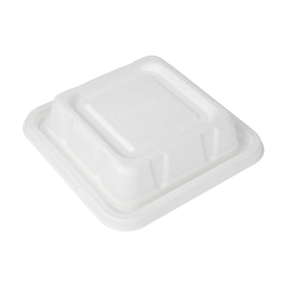Pulp Safe No PFAS Added Square White Sugarcane / Bagasse Serving Bowl Lid - Home Compostable, Fits 80 oz - 100 count box
