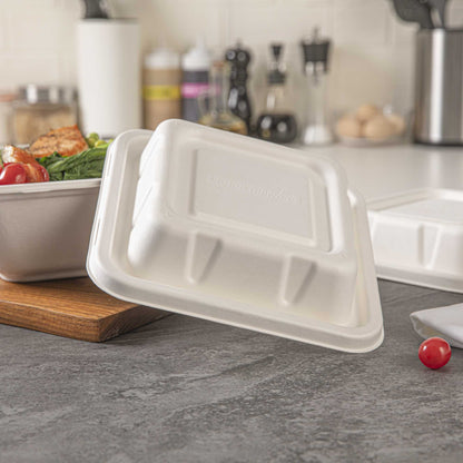 Pulp Safe No PFAS Added Square White Sugarcane / Bagasse Serving Bowl Lid - Home Compostable, Fits 80 oz - 100 count box