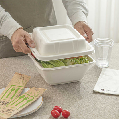 Pulp Safe No PFAS Added Square White Sugarcane / Bagasse Serving Bowl Lid - Home Compostable, Fits 80 oz - 100 count box