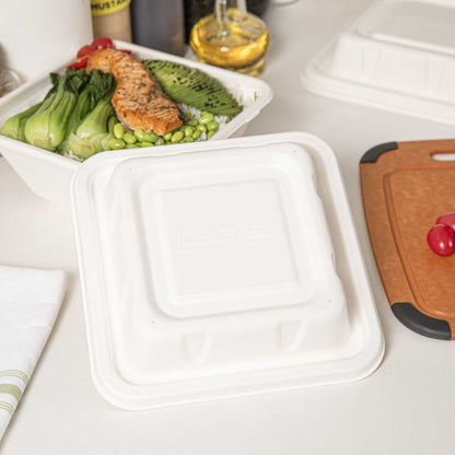 Pulp Safe No PFAS Added Square White Sugarcane / Bagasse Serving Bowl Lid - Home Compostable, Fits 80 oz - 100 count box