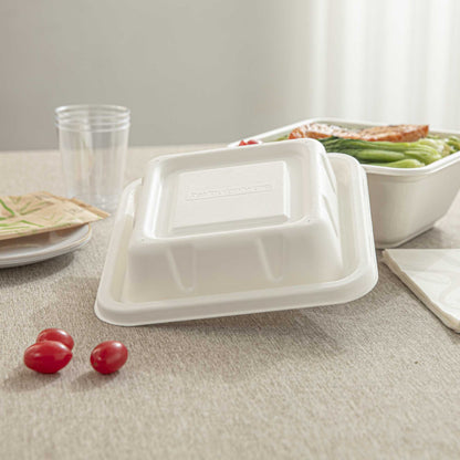 Pulp Safe No PFAS Added Square White Sugarcane / Bagasse Serving Bowl Lid - Home Compostable, Fits 80 oz - 100 count box