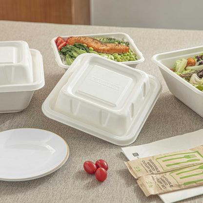 Pulp Safe No PFAS Added Square White Sugarcane / Bagasse Serving Bowl Lid - Home Compostable, Fits 80 oz - 100 count box