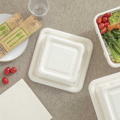 Pulp Safe No PFAS Added Square White Sugarcane / Bagasse Serving Bowl Lid - Home Compostable, Fits 80 oz - 100 count box