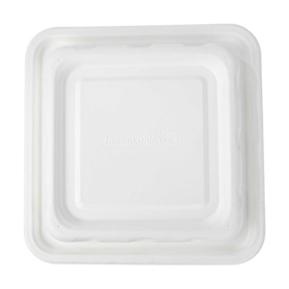 Pulp Safe No PFAS Added Square White Sugarcane / Bagasse Serving Bowl Lid - Home Compostable, Fits 128 oz - 100 count box