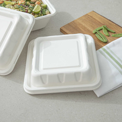 Pulp Safe No PFAS Added Square White Sugarcane / Bagasse Serving Bowl Lid - Home Compostable, Fits 128 oz - 100 count box
