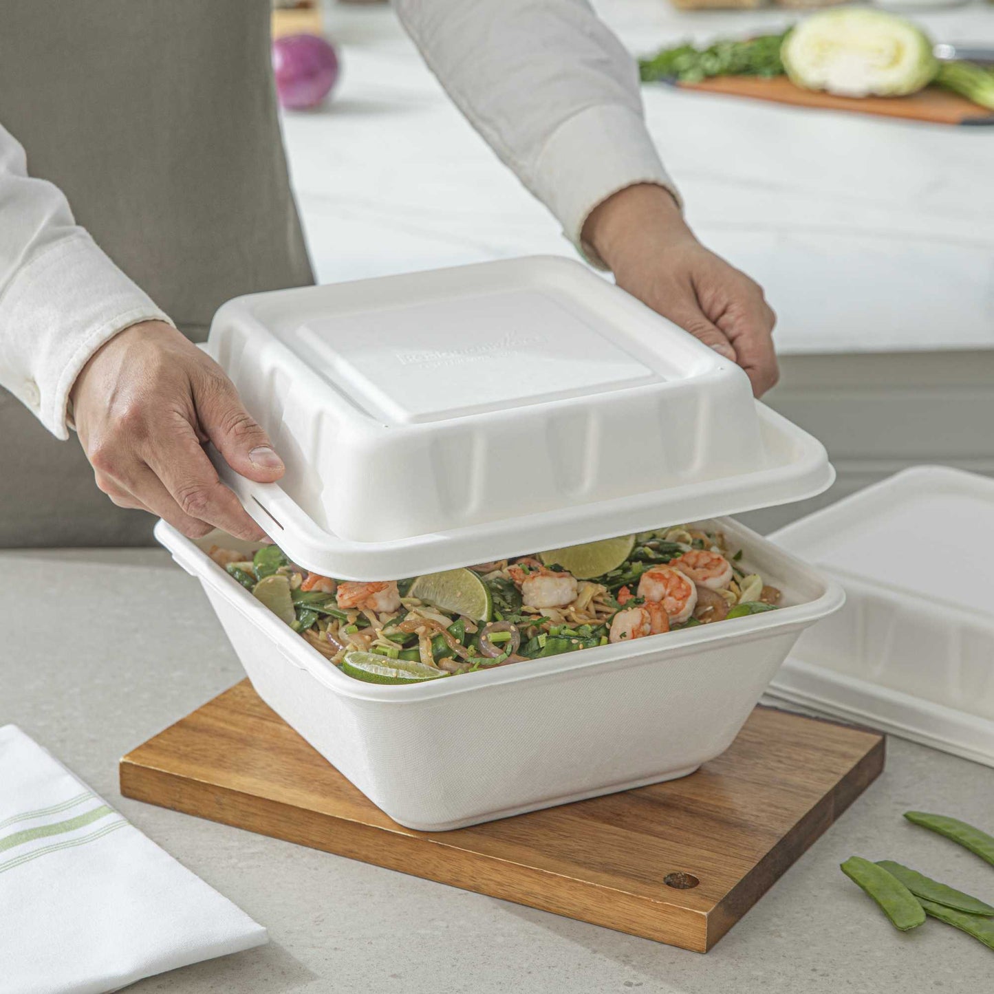 Pulp Safe No PFAS Added Square White Sugarcane / Bagasse Serving Bowl Lid - Home Compostable, Fits 128 oz - 100 count box