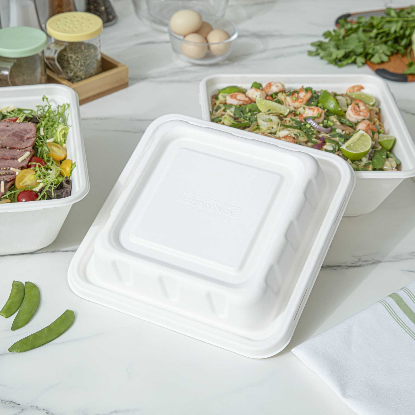 Pulp Safe No PFAS Added Square White Sugarcane / Bagasse Serving Bowl Lid - Home Compostable, Fits 128 oz - 100 count box
