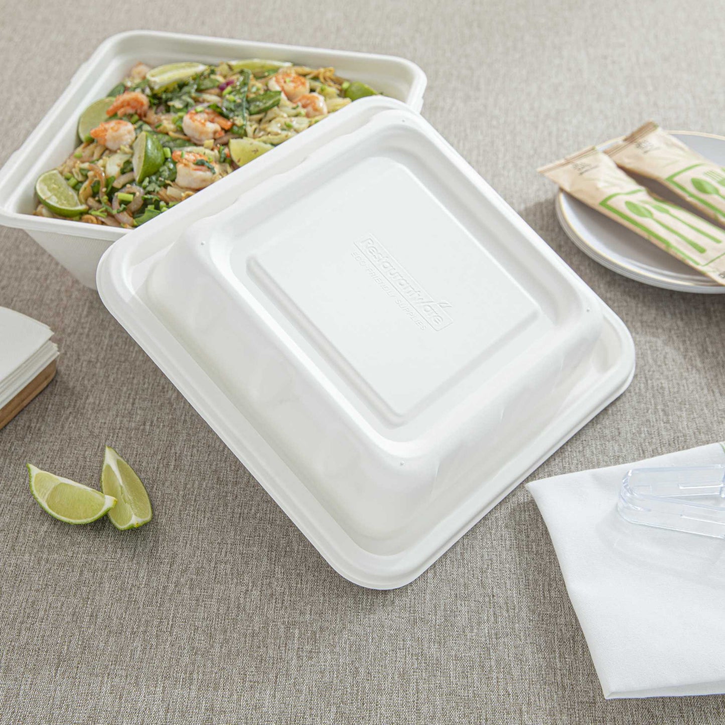 Pulp Safe No PFAS Added Square White Sugarcane / Bagasse Serving Bowl Lid - Home Compostable, Fits 128 oz - 100 count box