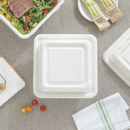 Pulp Safe No PFAS Added Square White Sugarcane / Bagasse Serving Bowl Lid - Home Compostable, Fits 128 oz - 100 count box