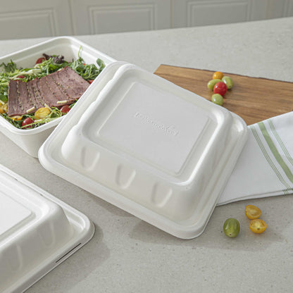 Pulp Safe No PFAS Added Square White Sugarcane / Bagasse Serving Bowl Lid - Home Compostable, Fits 160 oz - 100 count box