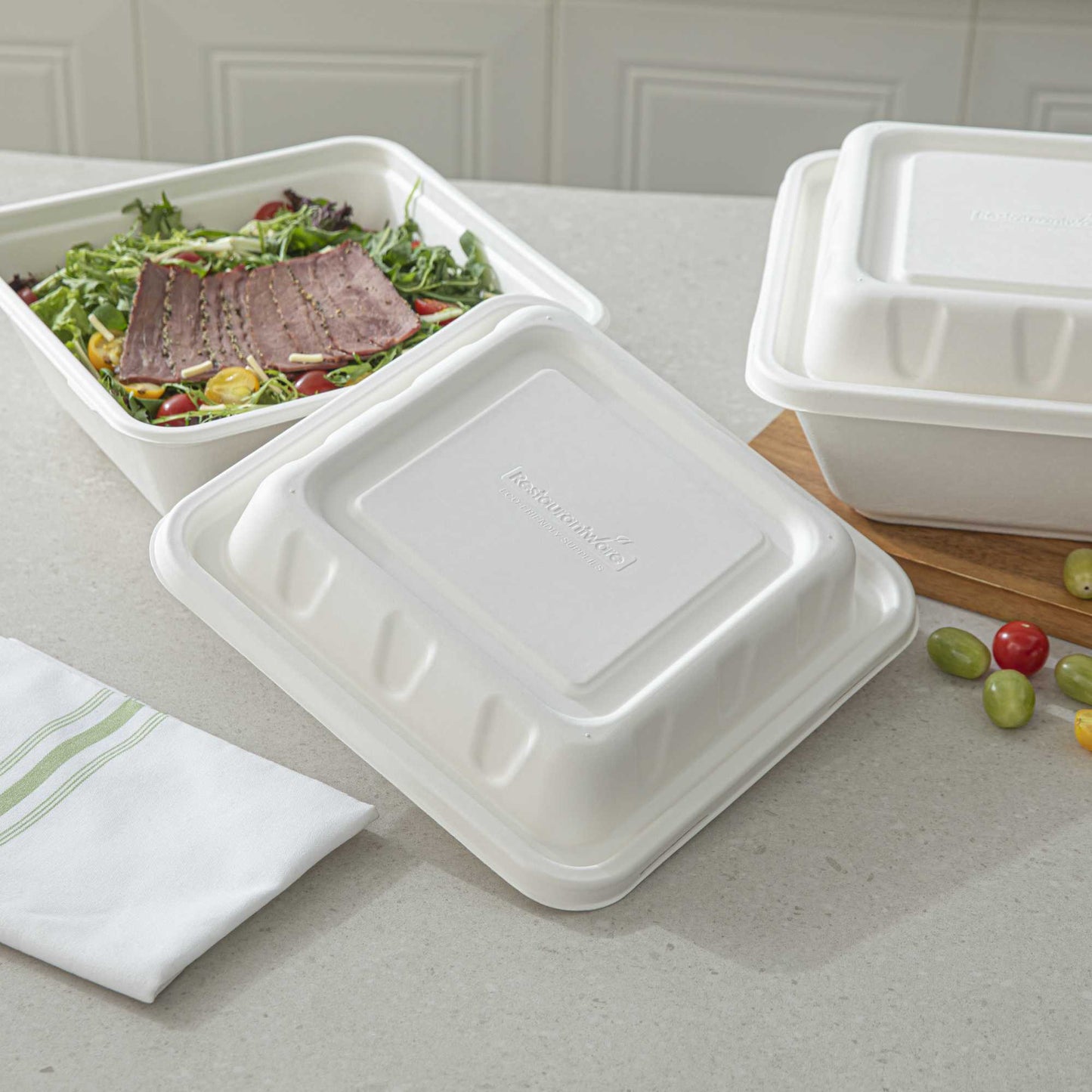 Pulp Safe No PFAS Added Square White Sugarcane / Bagasse Serving Bowl Lid - Home Compostable, Fits 160 oz - 100 count box