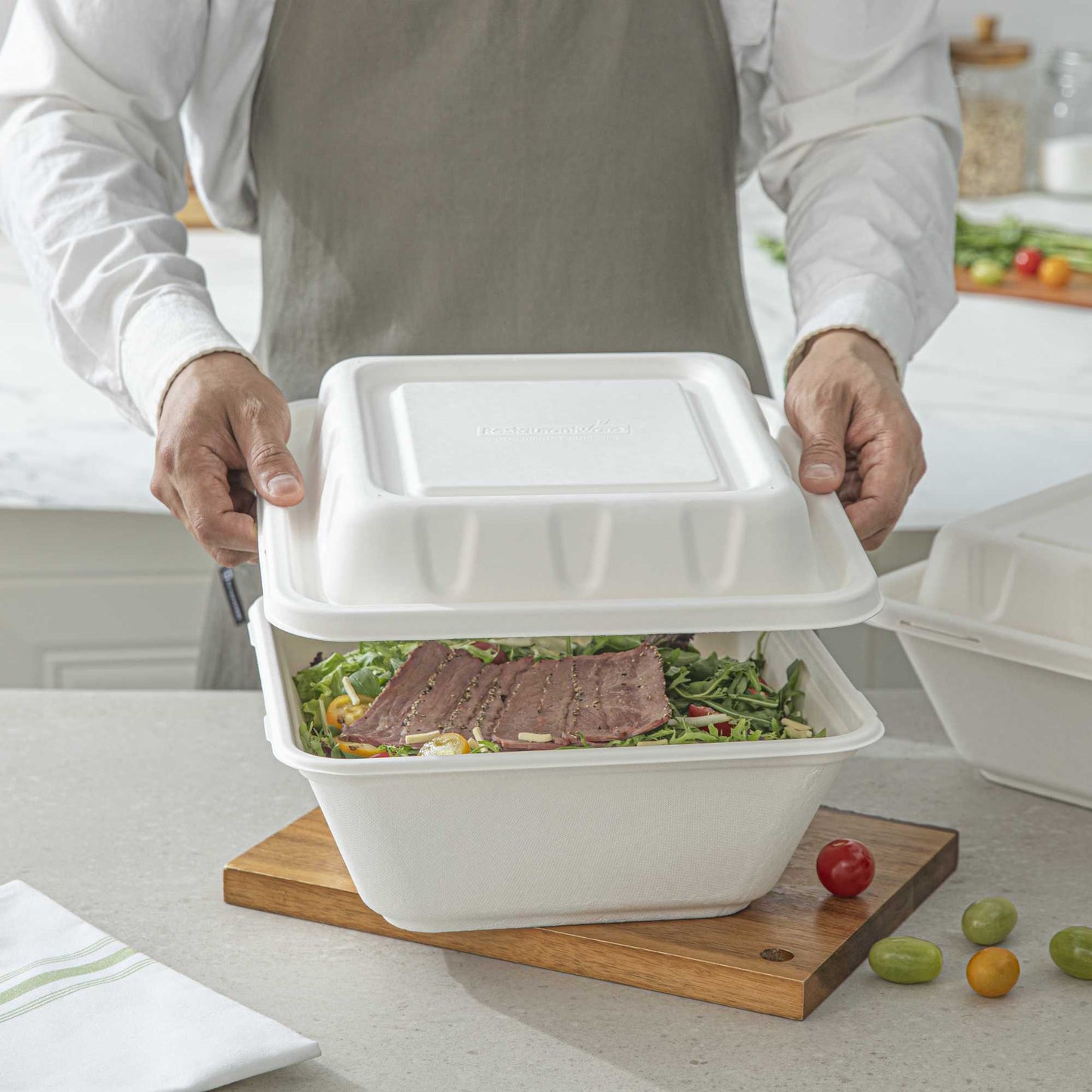 Pulp Safe No PFAS Added Square White Sugarcane / Bagasse Serving Bowl Lid - Home Compostable, Fits 160 oz - 100 count box
