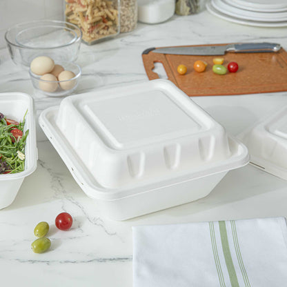 Pulp Safe No PFAS Added Square White Sugarcane / Bagasse Serving Bowl Lid - Home Compostable, Fits 160 oz - 100 count box