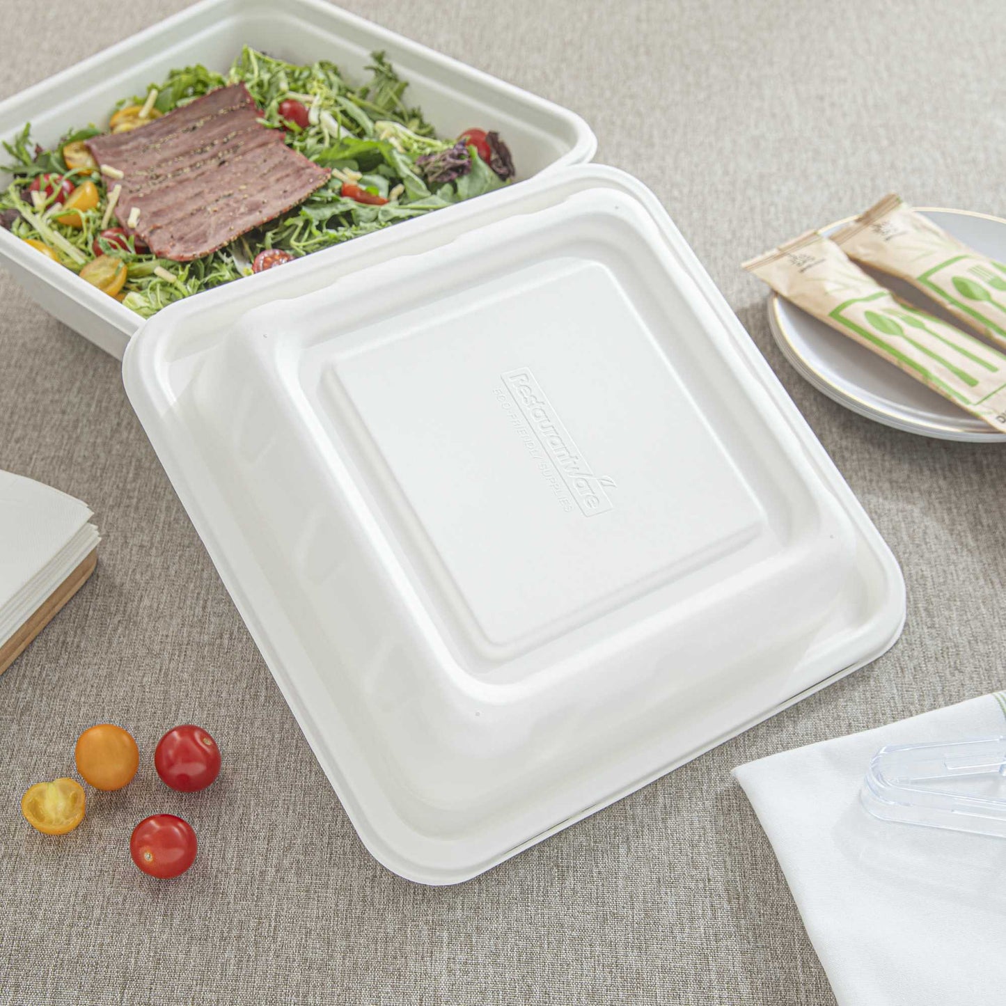 Pulp Safe No PFAS Added Square White Sugarcane / Bagasse Serving Bowl Lid - Home Compostable, Fits 160 oz - 100 count box