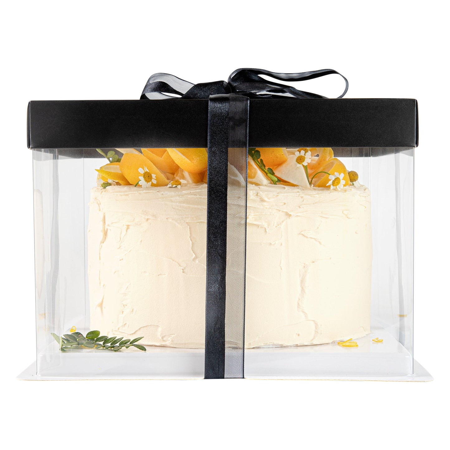 Sweet Vision Square Clear Plastic Cake Box - Black Lid and White Base, Black Ribbon - 8 1/2" x 8 1/2" x 6 3/4" - 10 count box