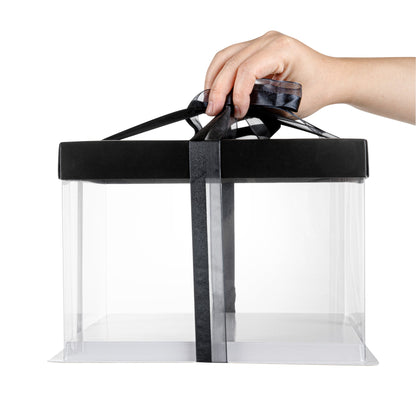 Sweet Vision Square Clear Plastic Cake Box - Black Lid and White Base, Black Ribbon - 8 1/2" x 8 1/2" x 6 3/4" - 10 count box