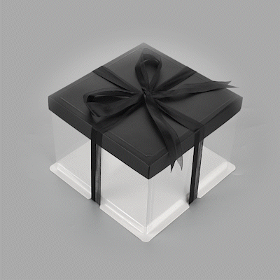 Sweet Vision Square Clear Plastic Cake Box - Black Lid and White Base, Black Ribbon - 8 1/2" x 8 1/2" x 6 3/4" - 10 count box