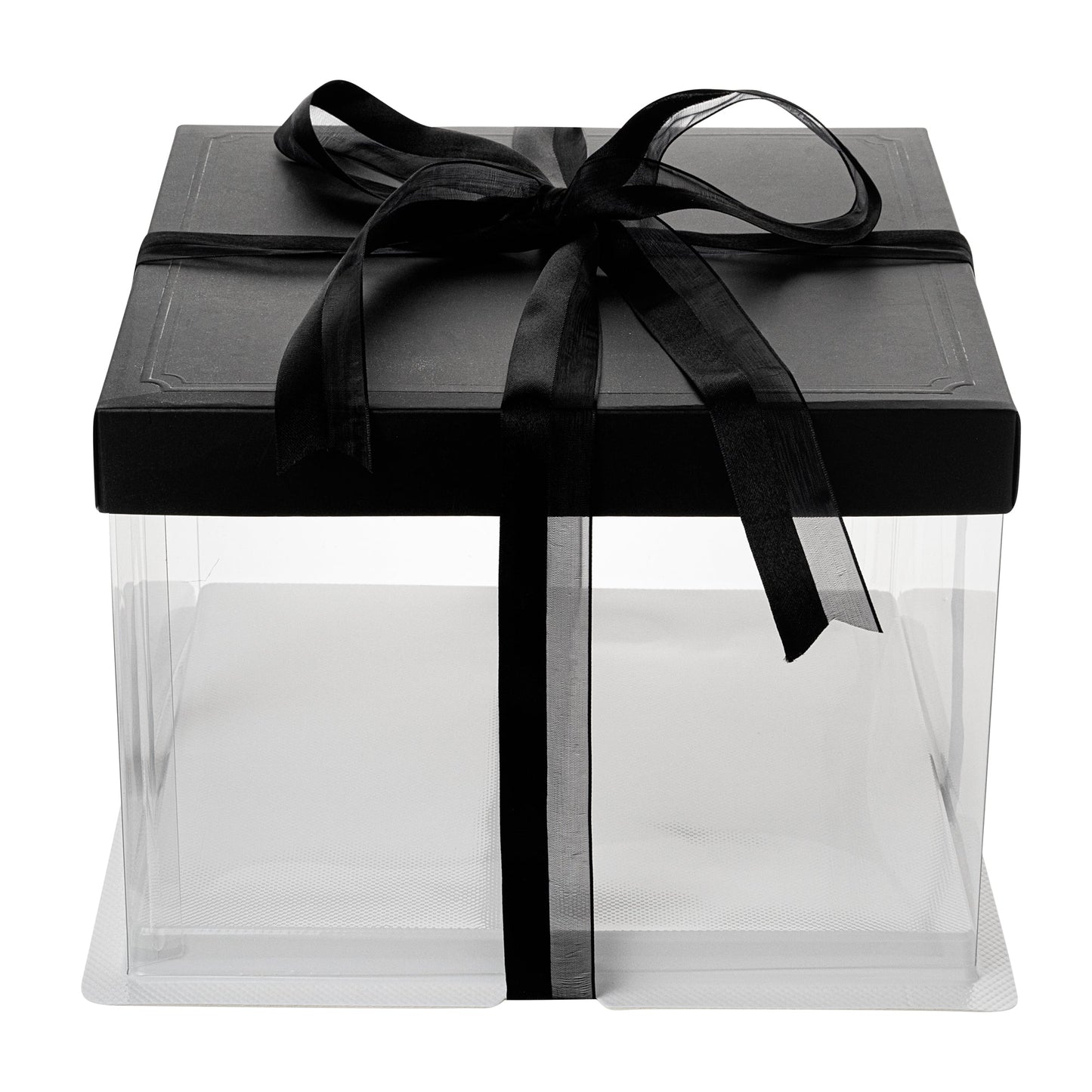 Sweet Vision Square Clear Plastic Cake Box - Black Lid and White Base, Black Ribbon - 8 1/2" x 8 1/2" x 6 3/4" - 10 count box