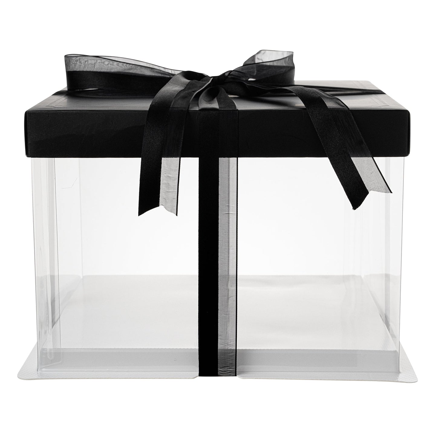 Sweet Vision Square Clear Plastic Cake Box - Black Lid and White Base, Black Ribbon - 8 1/2" x 8 1/2" x 6 3/4" - 10 count box