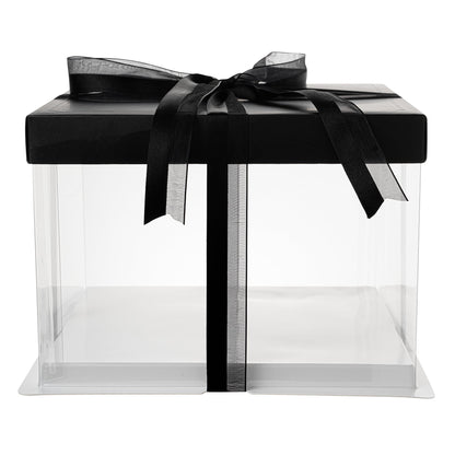 Sweet Vision Square Clear Plastic Cake Box - Black Lid and White Base, Black Ribbon - 8 1/2" x 8 1/2" x 6 3/4" - 10 count box