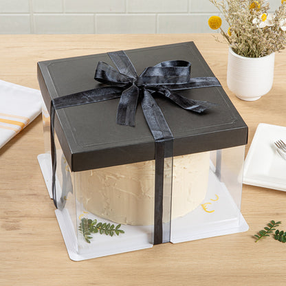 Sweet Vision Square Clear Plastic Cake Box - Black Lid and White Base, Black Ribbon - 8 1/2" x 8 1/2" x 6 3/4" - 10 count box