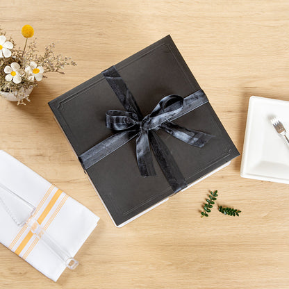Sweet Vision Square Clear Plastic Cake Box - Black Lid and White Base, Black Ribbon - 8 1/2" x 8 1/2" x 6 3/4" - 10 count box