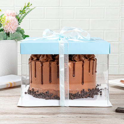 Sweet Vision Square Clear Plastic Cake Box - Blue Lid and White Base, Blue Ribbon - 8 1/2" x 8 1/2" x 6 3/4" - 10 count box