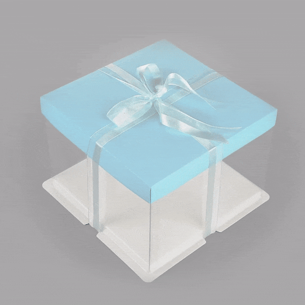 Sweet Vision Square Clear Plastic Cake Box - Blue Lid and White Base, Blue Ribbon - 8 1/2" x 8 1/2" x 6 3/4" - 10 count box