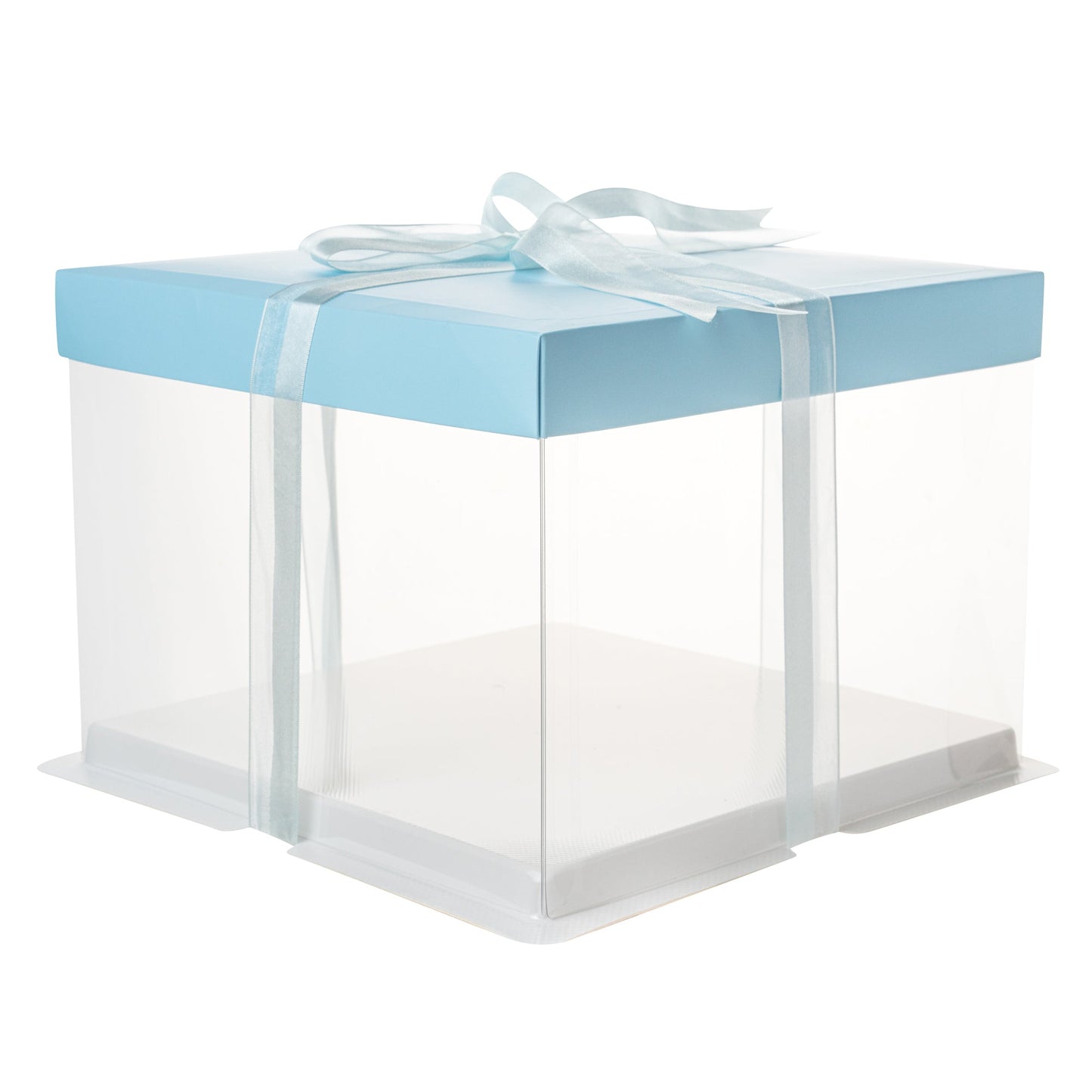 Sweet Vision Square Clear Plastic Cake Box - Blue Lid and White Base, Blue Ribbon - 8 1/2" x 8 1/2" x 6 3/4" - 10 count box