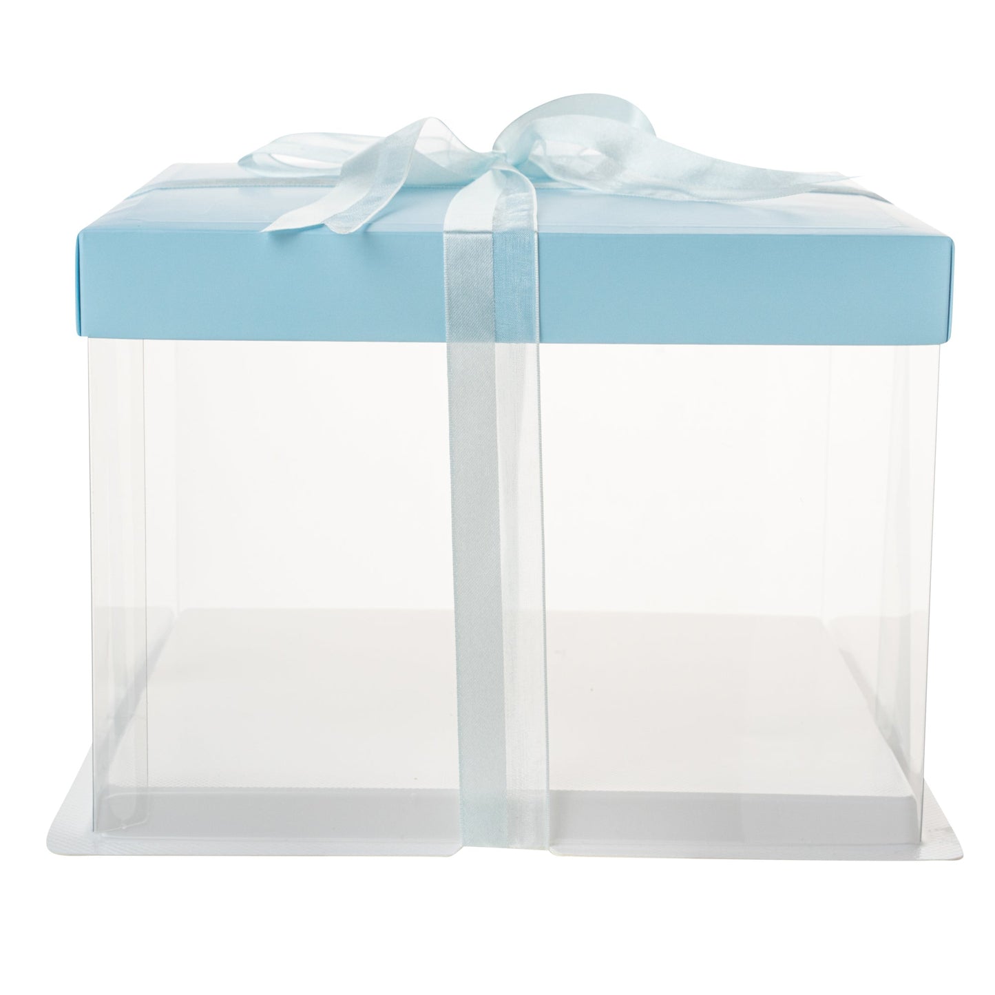 Sweet Vision Square Clear Plastic Cake Box - Blue Lid and White Base, Blue Ribbon - 8 1/2" x 8 1/2" x 6 3/4" - 10 count box