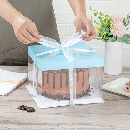 Sweet Vision Square Clear Plastic Cake Box - Blue Lid and White Base, Blue Ribbon - 8 1/2" x 8 1/2" x 6 3/4" - 10 count box